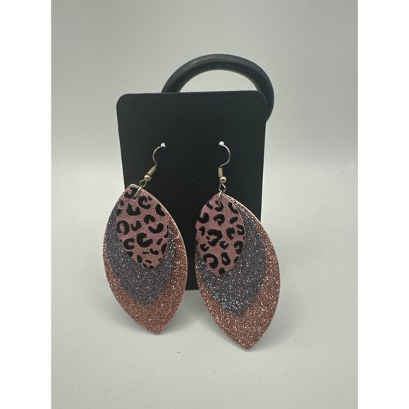 Layered Glitter & Leopard Print Faux Leather Teardrop Earrings - Picture 1 of 4